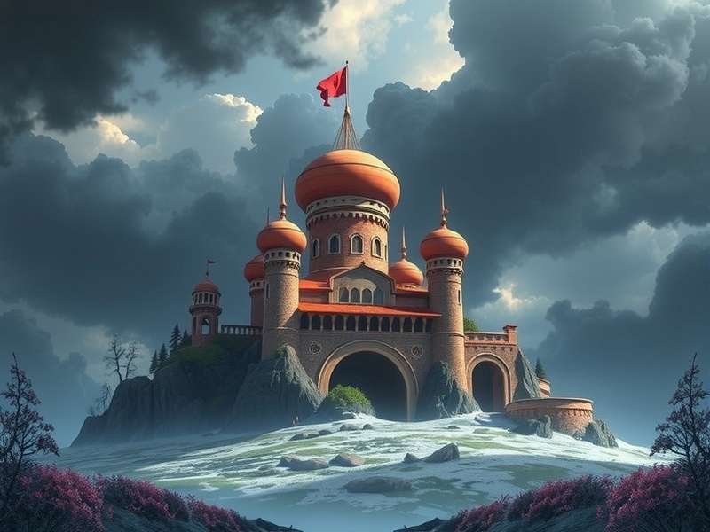 Concept art of Astorga showing golden spires and floating islands against a cosmic backdrop