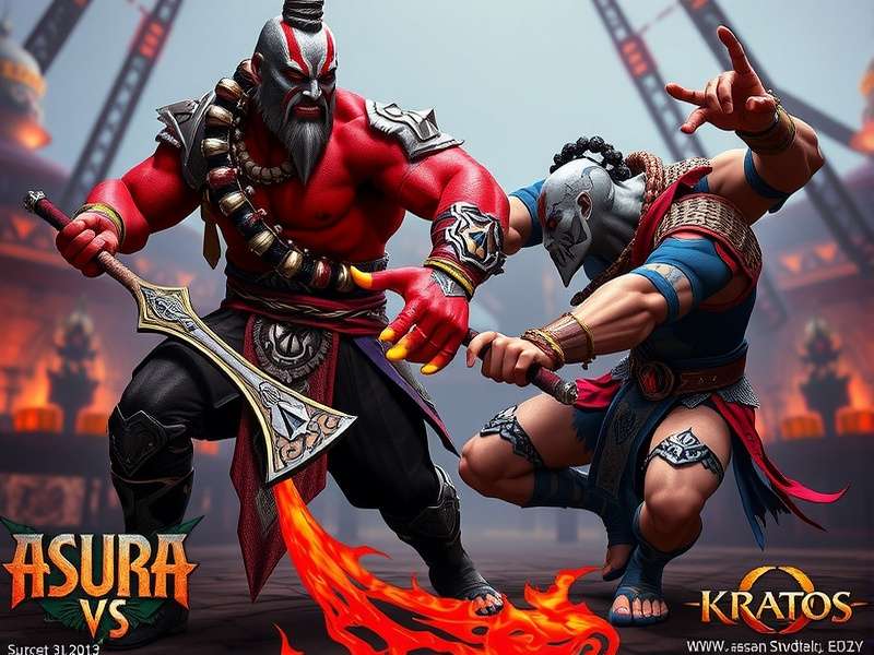 Digital art depicting Asura and Kratos facing each other in combat